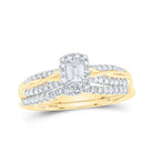 Radiant Love: 10kt Yellow Gold Emerald Diamond Halo Bridal Wedding Ring Band Set - Splendid Jewellery