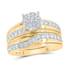 Radiant Love: 10kt Yellow Gold His Hers Round Diamond Cluster Matching Wedding Set 1 - 1/4 Cttw - Splendid Jewellery