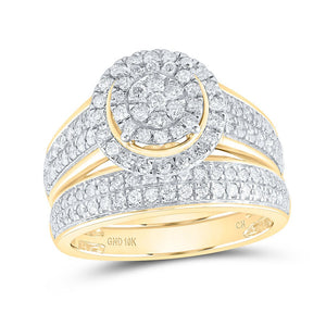 Radiant Love: 10kt Yellow Gold His Hers Round Diamond Cluster Matching Wedding Set 1 - 3/4 Cttw - Splendid Jewellery