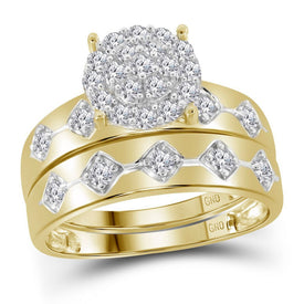 Radiant Love: 10kt Yellow Gold His Hers Round Diamond Cluster Matching Wedding Set - Splendid Jewellery