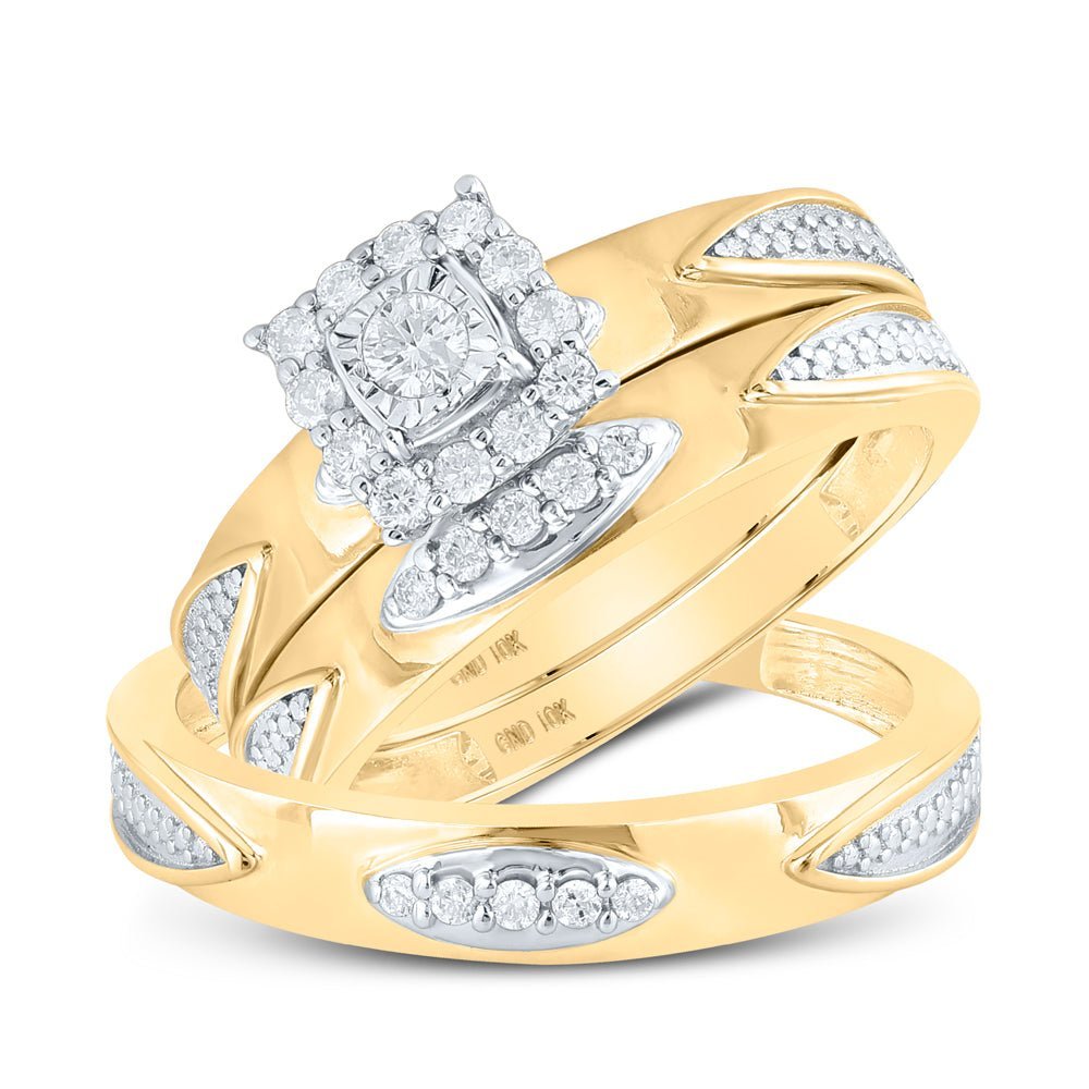 Radiant Love: 10kt Yellow Gold His Hers Round Diamond Square Matching Wedding Set 1/3 Cttw - Splendid Jewellery