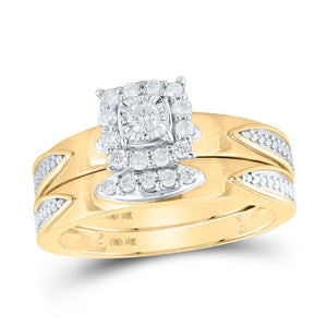 Radiant Love: 10kt Yellow Gold His Hers Round Diamond Square Matching Wedding Set 1/3 Cttw - Splendid Jewellery