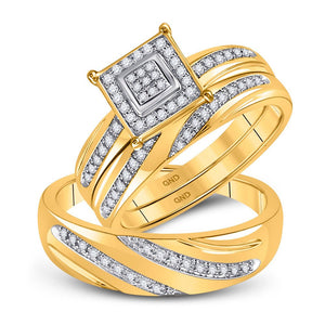 Radiant Love: 10kt Yellow Gold His Hers Round Diamond Square Matching Wedding Set 1/5 Cttw - Splendid Jewellery