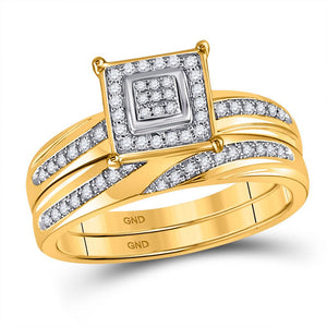 Radiant Love: 10kt Yellow Gold His Hers Round Diamond Square Matching Wedding Set 1/5 Cttw - Splendid Jewellery