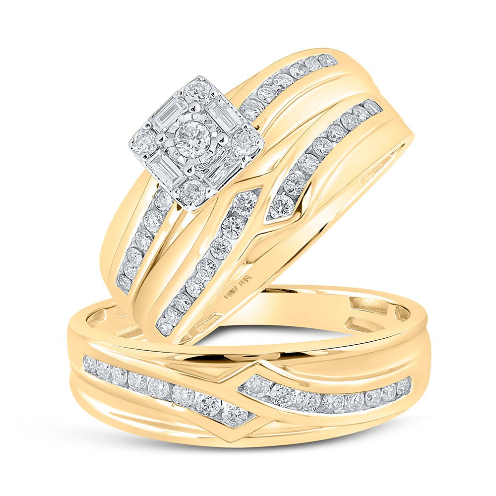 Radiant Love: 10kt Yellow Gold His Hers Round Diamond Square Matching Wedding Set - Splendid Jewellery