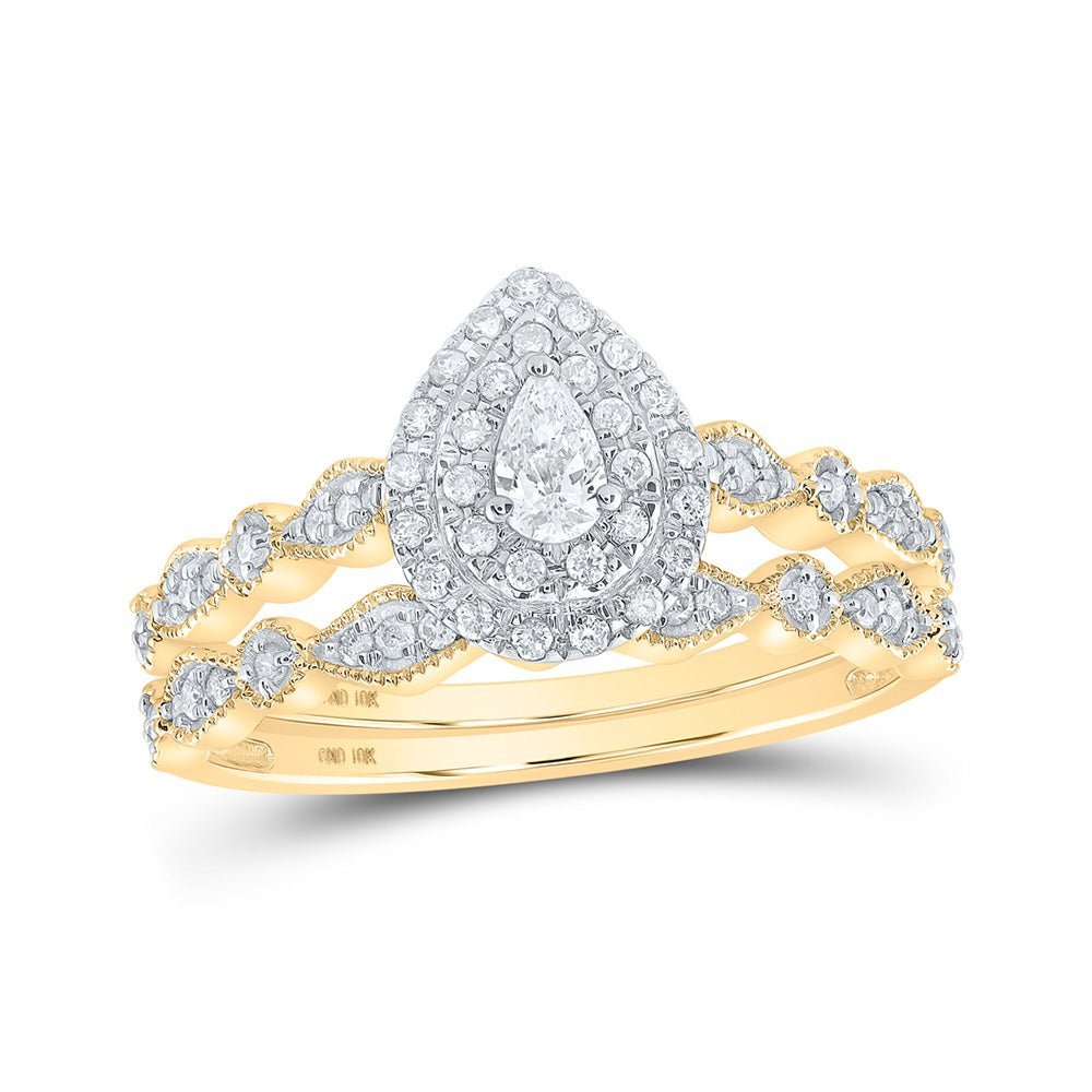 Radiant Love: 10kt Yellow Gold Pear Diamond Bridal Wedding Ring Band Set 3/8 Cttw - Splendid Jewellery