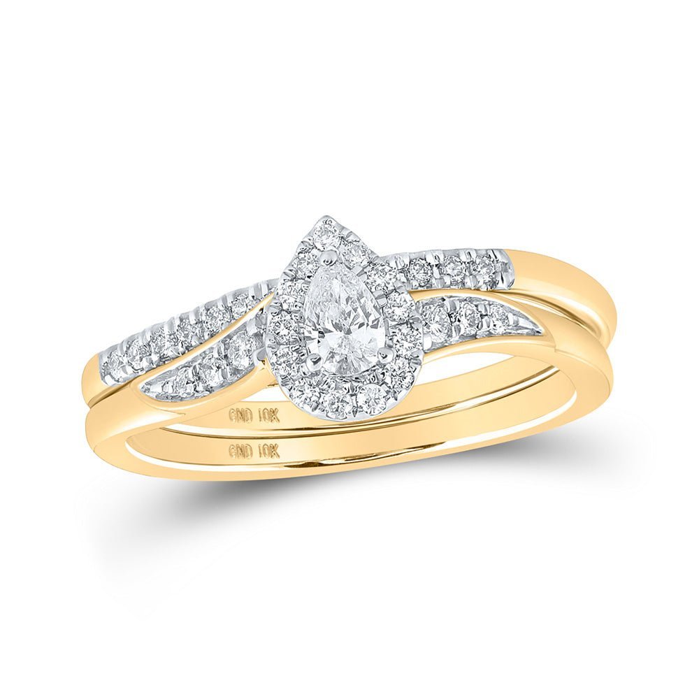 Radiant Love 10kt Yellow Gold Pear Diamond Solitaire Bridal Wedding Ring Band Set - Splendid Jewellery