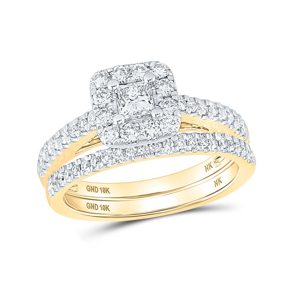 Radiant Love: 10kt Yellow Gold Princess Diamond Halo Bridal Wedding Ring Band Set 1 Cttw - Splendid Jewellery