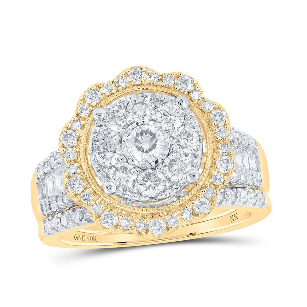 Radiant Love: 10kt Yellow Gold Round Diamond Cluster Bridal Wedding Ring Band Set 1 - 1/2 Cttw - Splendid Jewellery