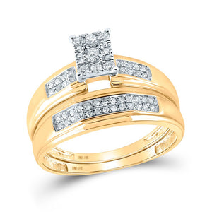 Radiant Love: 10kt Yellow Gold Round Diamond Cluster Wedding Ring Set 1/3 Cttw - Splendid Jewellery