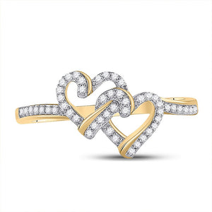 Radiant Love: 10kt Yellow Gold Womens Round Diamond Double Heart Ring 1/8 Cttw - Splendid Jewellery