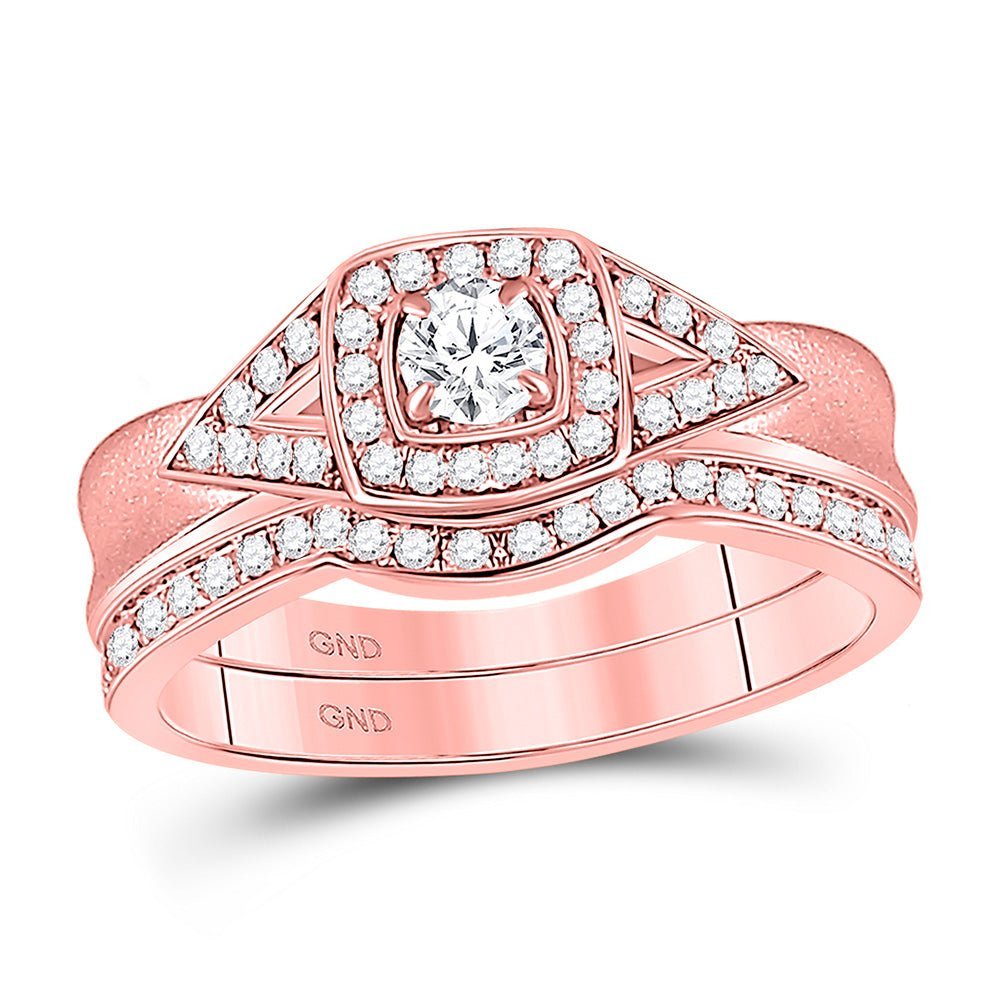 Radiant Love: 14kt Rose Gold Round Diamond Square Halo Bridal Wedding Ring Band Set 1/2 Cttw - Splendid Jewellery