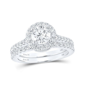 Radiant Love: 14kt White Gold Diamond Halo Bridal Wedding Ring Band Set - Splendid Jewellery