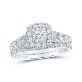 Radiant Love: 14kt White Gold Diamond Halo Bridal Wedding Ring Band Set - Splendid Jewellery