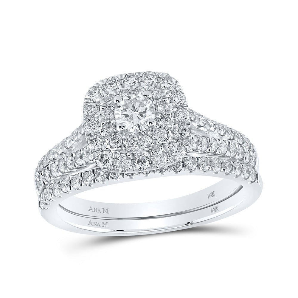 Radiant Love: 14kt White Gold Diamond Halo Bridal Wedding Ring Band Set with Blue Sapphire - Splendid Jewellery