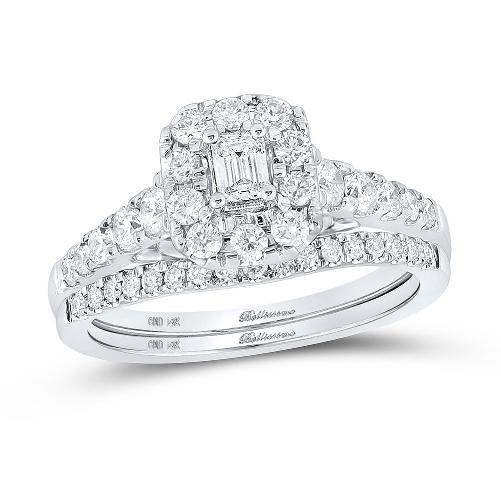 Radiant Love: 14kt White Gold Emerald Diamond Halo Bridal Wedding Ring Band Set 1 Cttw - Splendid Jewellery