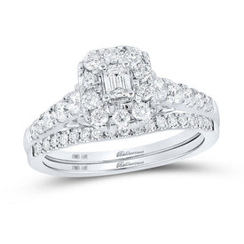 Radiant Love: 14kt White Gold Emerald Diamond Halo Bridal Wedding Ring Band Set 1 Cttw - Splendid Jewellery