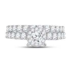 Radiant Love 14kt White Gold Halo Diamond Bridal Wedding Ring Band Set - Front View