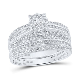 Radiant Love: 14kt White Gold His Hers Round Diamond Cluster Matching Wedding Set 1-1/4 Cttw - Second Side View