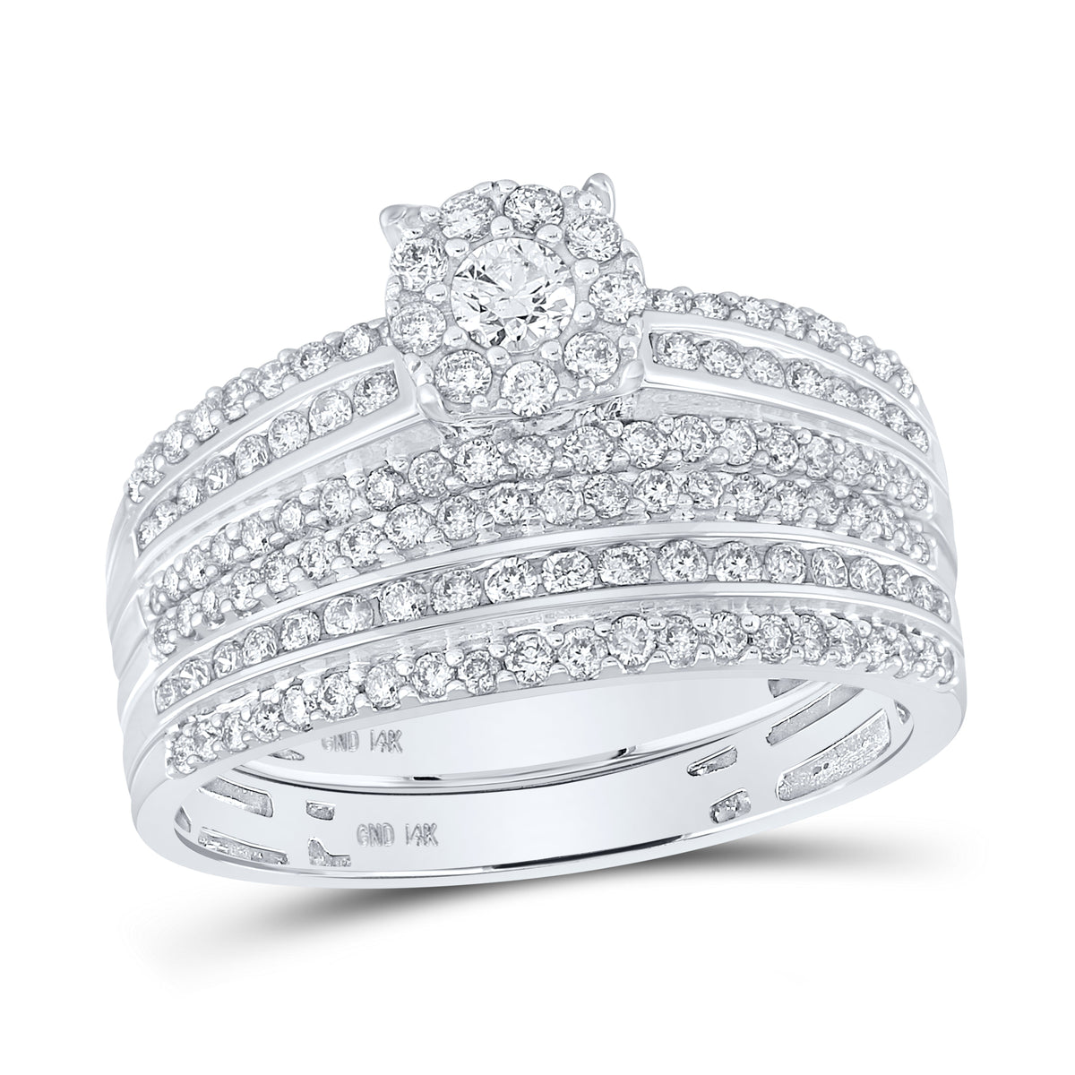 Radiant Love: 14kt White Gold His Hers Round Diamond Cluster Matching Wedding Set 1 - 1/4 Cttw - Splendid Jewellery