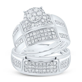 Radiant Love: 14kt White Gold His Hers Round Diamond Cluster Matching Wedding Set 1 Cttw - Top View