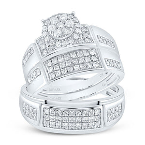 Radiant Love: 14kt White Gold His Hers Round Diamond Cluster Matching Wedding Set 1 Cttw - Splendid Jewellery