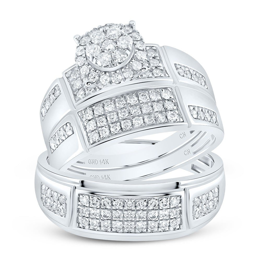 Radiant Love: 14kt White Gold His Hers Round Diamond Cluster Matching Wedding Set 1 Cttw - Splendid Jewellery