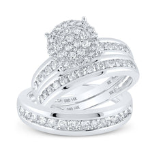 Load image into Gallery viewer, Radiant Love: 14kt White Gold His Hers Round Diamond Cluster Wedding Set - Top View