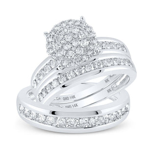 Radiant Love: 14kt White Gold His Hers Round Diamond Cluster Wedding Set - Splendid Jewellery