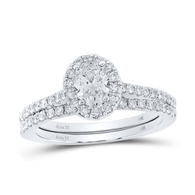 Radiant Love: 14kt White Gold Oval Diamond Halo Bridal Wedding Ring Band Set - Splendid Jewellery