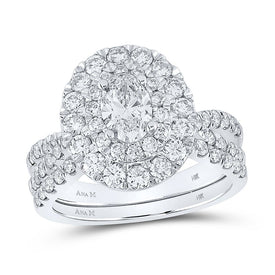 Radiant Love: 14kt White Gold Oval Diamond Halo Bridal Wedding Ring Band Set - Top View