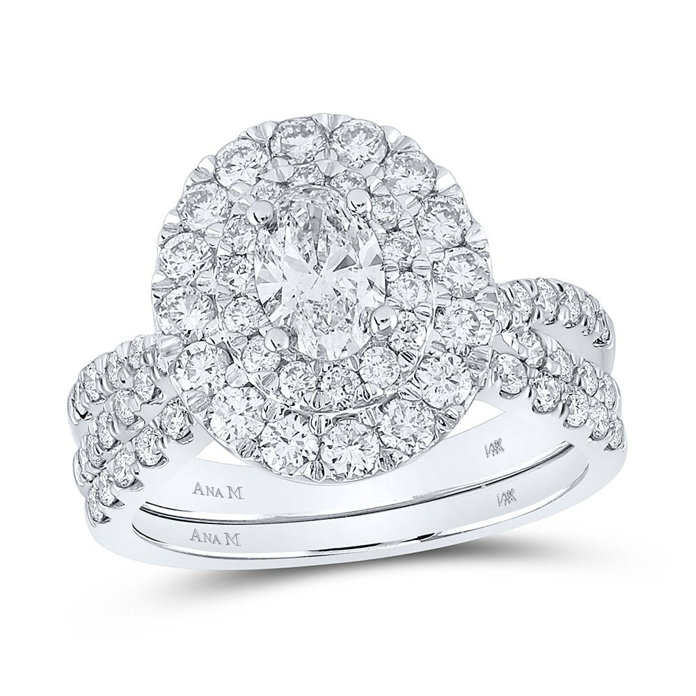 Radiant Love: 14kt White Gold Oval Diamond Halo Bridal Wedding Ring Band Set - Splendid Jewellery