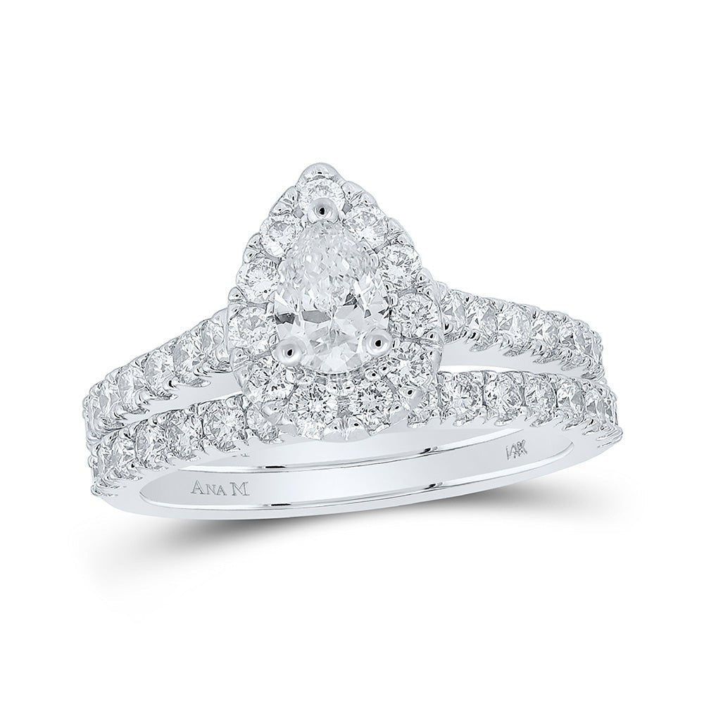Radiant Love: 14kt White Gold Pear Diamond Halo Bridal Wedding Ring Band Set 1 - 3/4 Cttw - Splendid Jewellery