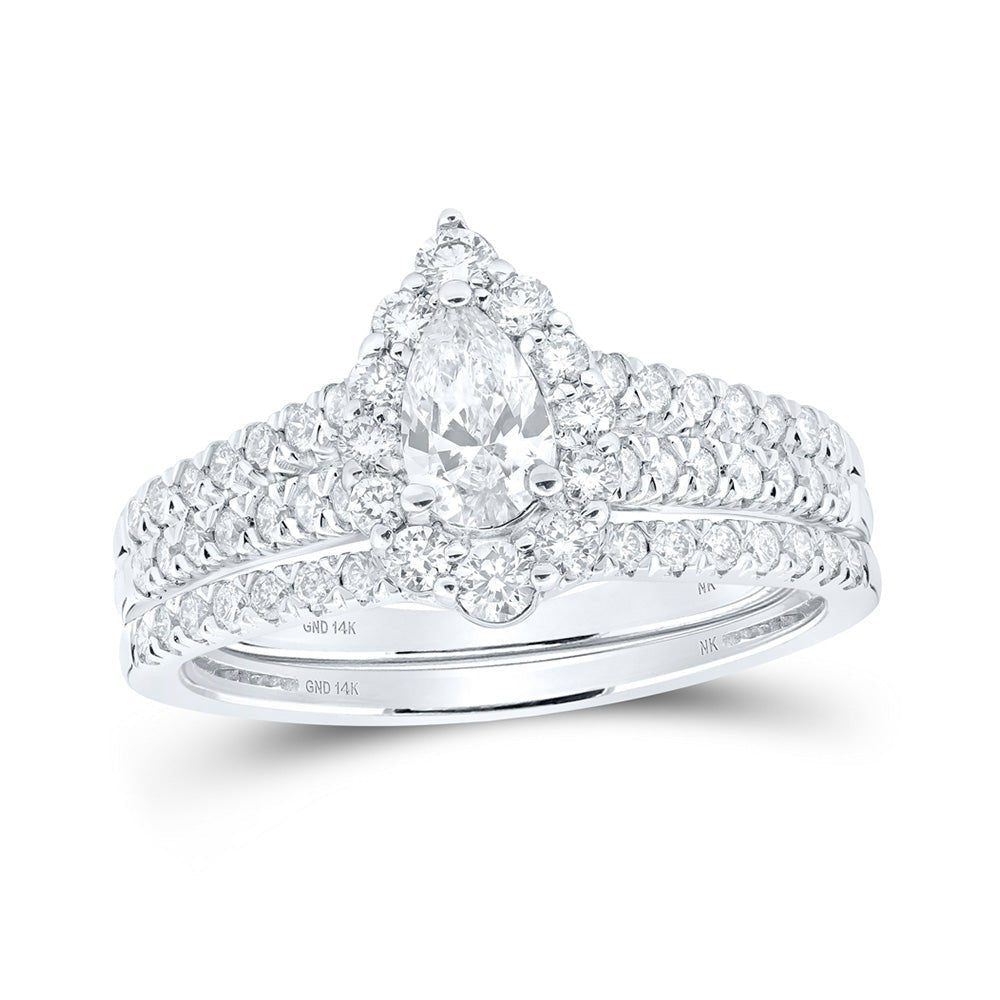 Radiant Love: 14kt White Gold Pear Diamond Halo Bridal Wedding Ring Band Set - Splendid Jewellery