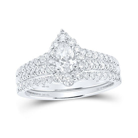 Radiant Love: 14kt White Gold Pear Diamond Halo Bridal Wedding Ring Band Set - Splendid Jewellery