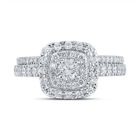Radiant Love: 14kt White Gold Round Diamond Halo Bridal Wedding Ring Band Set 1 Cttw - Front View