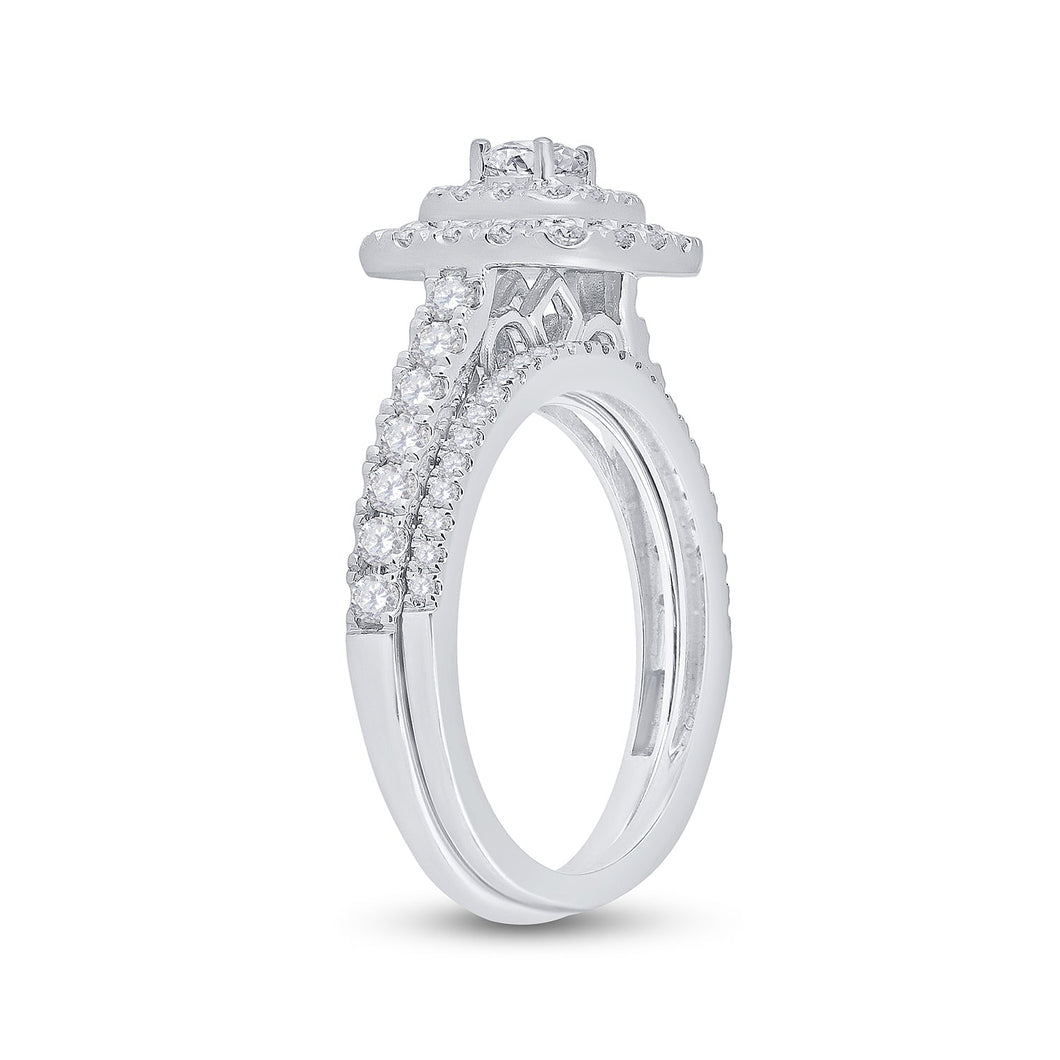 Radiant Love: 14kt White Gold Round Diamond Halo Bridal Wedding Ring Band Set 1 Cttw - Splendid Jewellery