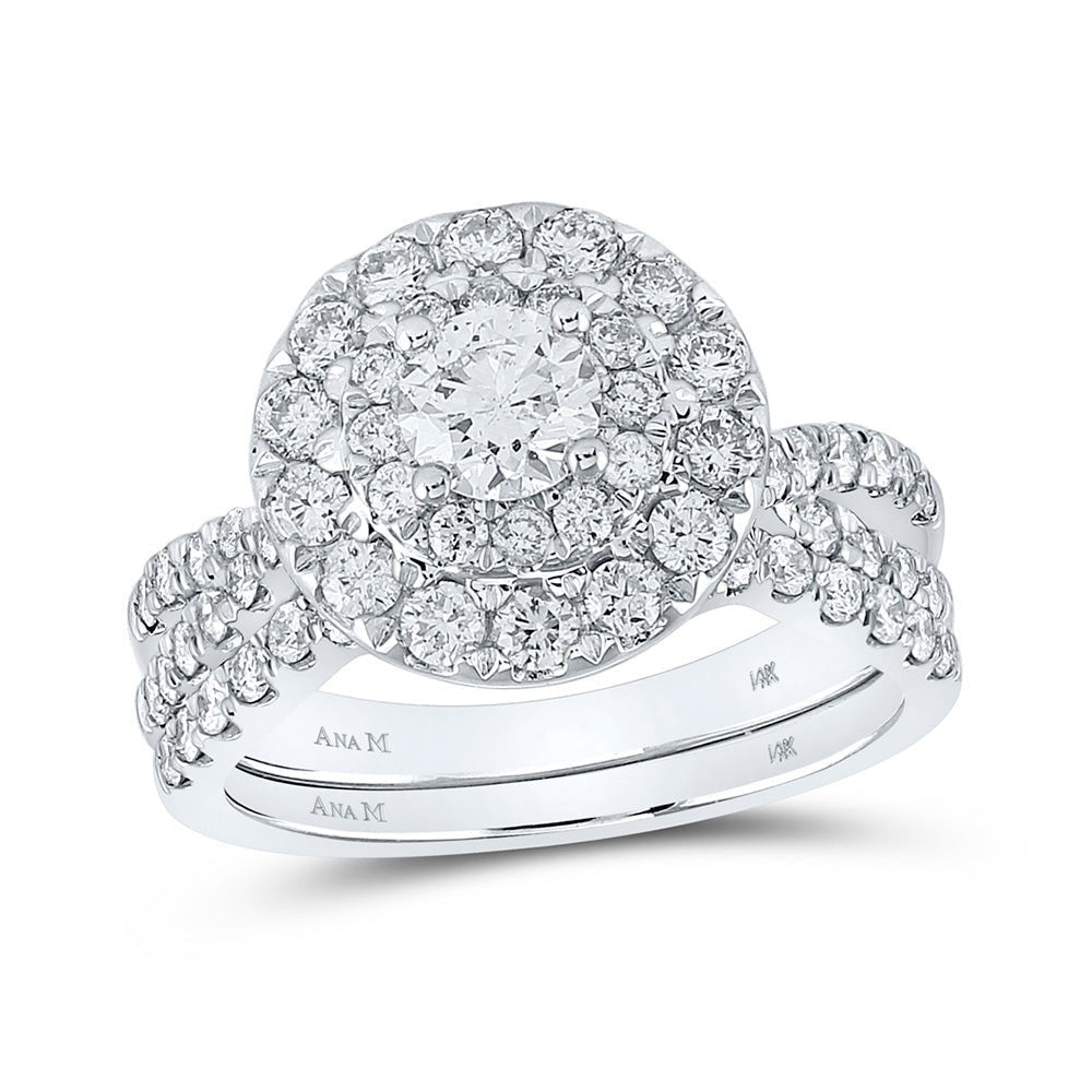 Radiant Love: 14kt White Gold Round Diamond Halo Bridal Wedding Ring Band Set - Splendid Jewellery
