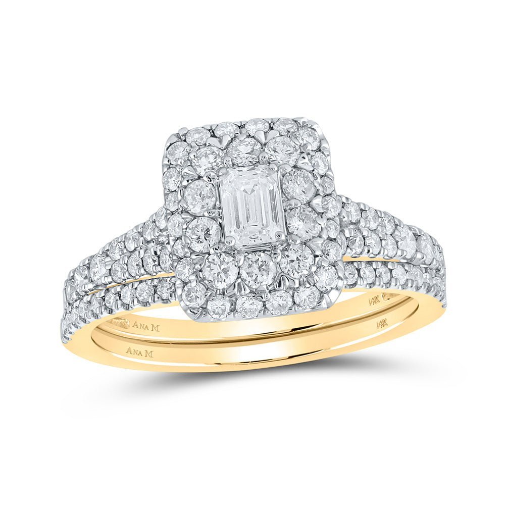 Radiant Love: 14kt Yellow Gold Emerald Diamond Halo Bridal Wedding Ring Band Set - Splendid Jewellery
