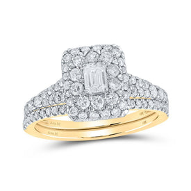 Radiant Love: 14kt Yellow Gold Emerald Diamond Halo Bridal Wedding Ring Band Set - Splendid Jewellery