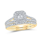 Radiant Love: 14kt Yellow Gold Emerald Diamond Halo Bridal Wedding Ring Band Set - Splendid Jewellery