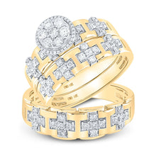 Load image into Gallery viewer, Radiant Love: 14kt Yellow Gold His Hers Round Diamond Cluster Matching Wedding Set - Top View