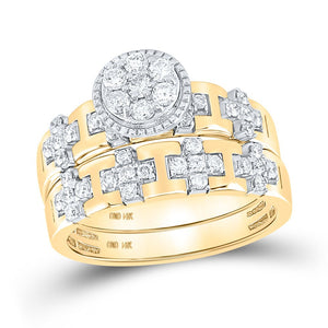 Radiant Love: 14kt Yellow Gold His Hers Round Diamond Cluster Matching Wedding Set - Splendid Jewellery