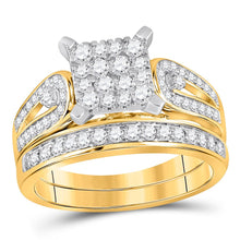 Load image into Gallery viewer, Radiant Love: 14kt Yellow Gold His Hers Round Diamond Square Matching Wedding Set 1-1/5 Cttw - Side View