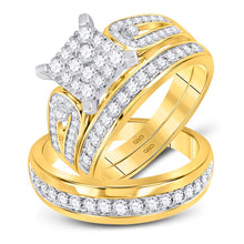 Load image into Gallery viewer, Radiant Love: 14kt Yellow Gold His Hers Round Diamond Square Matching Wedding Set 1-1/5 Cttw - Top View