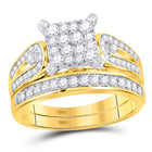 Radiant Love: 14kt Yellow Gold His Hers Round Diamond Square Matching Wedding Set 1-1/5 Cttw - Front View