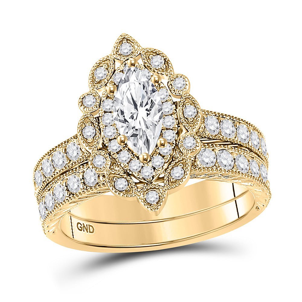 Radiant Love: 14kt Yellow Gold Marquise Diamond Halo Bridal Wedding Ring Band Set - Splendid Jewellery
