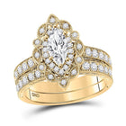 Radiant Love: 14kt Yellow Gold Marquise Diamond Halo Bridal Wedding Ring Band Set - Splendid Jewellery