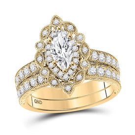 Radiant Love: 14kt Yellow Gold Marquise Diamond Halo Bridal Wedding Ring Band Set - Splendid Jewellery