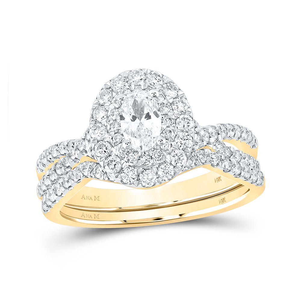 Radiant Love: 14kt Yellow Gold Oval Diamond Halo Bridal Wedding Ring Band Set 1 Cttw - Splendid Jewellery